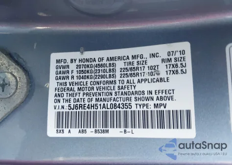 2010 Honda Cr-V Ex z USA, uszkodzony, nr VIN 5J6RE4H51AL084355
